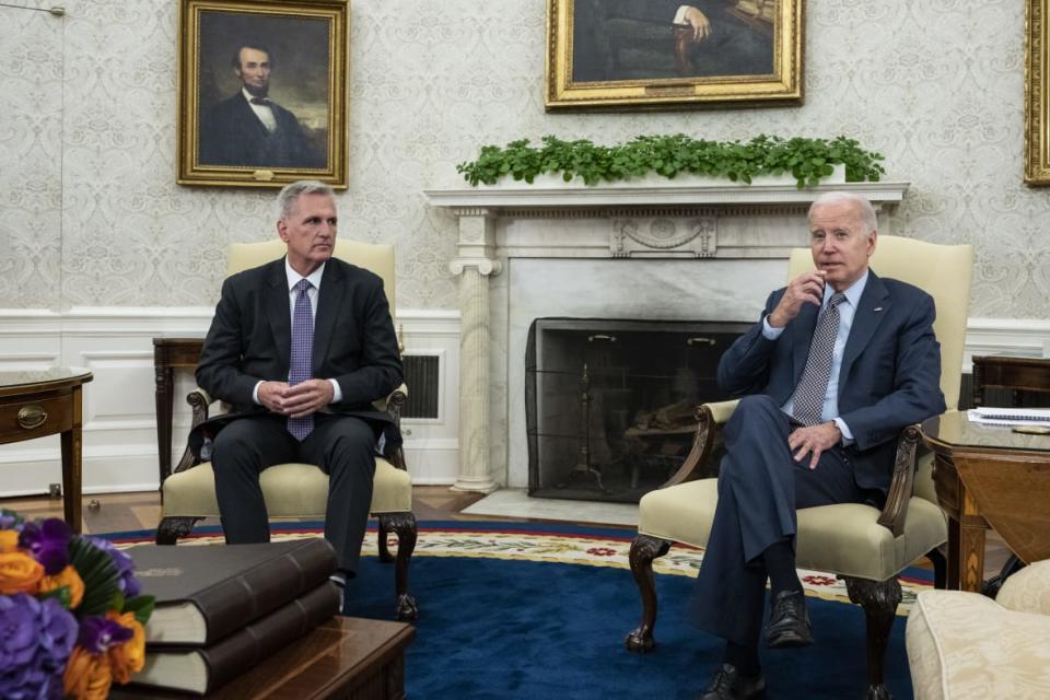 U.S. President Joe Biden meets with House Speaker Kevin McCarthy (R-CA) in the Oval Office of the White House on May 22, 2023, in Washington, DC. Biden and McCarthy were meeting to discuss raising the debt limit in an effort to avoid a default by the federal government. (Photo by Drew Angerer/Getty Images)