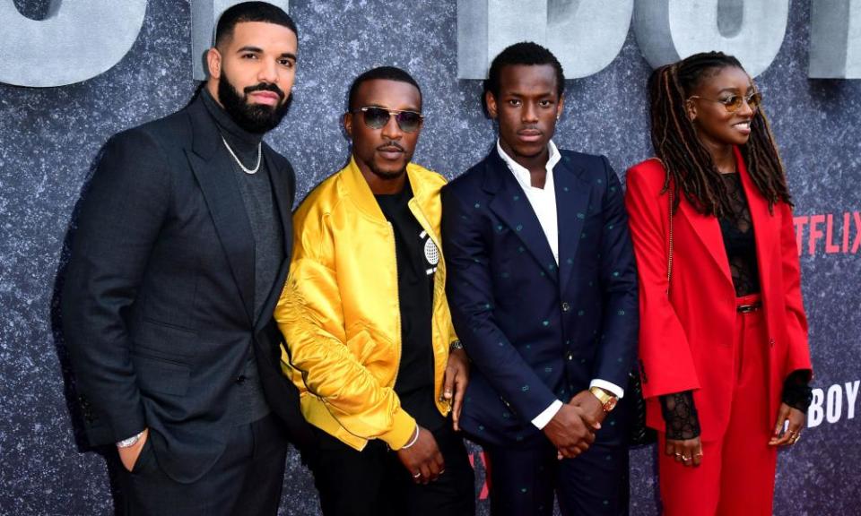 Drake, Ashley Walters, Micheal Ward and Little Simz attending the UK premiere of Top Boy at the Hackney Picturehouse in London