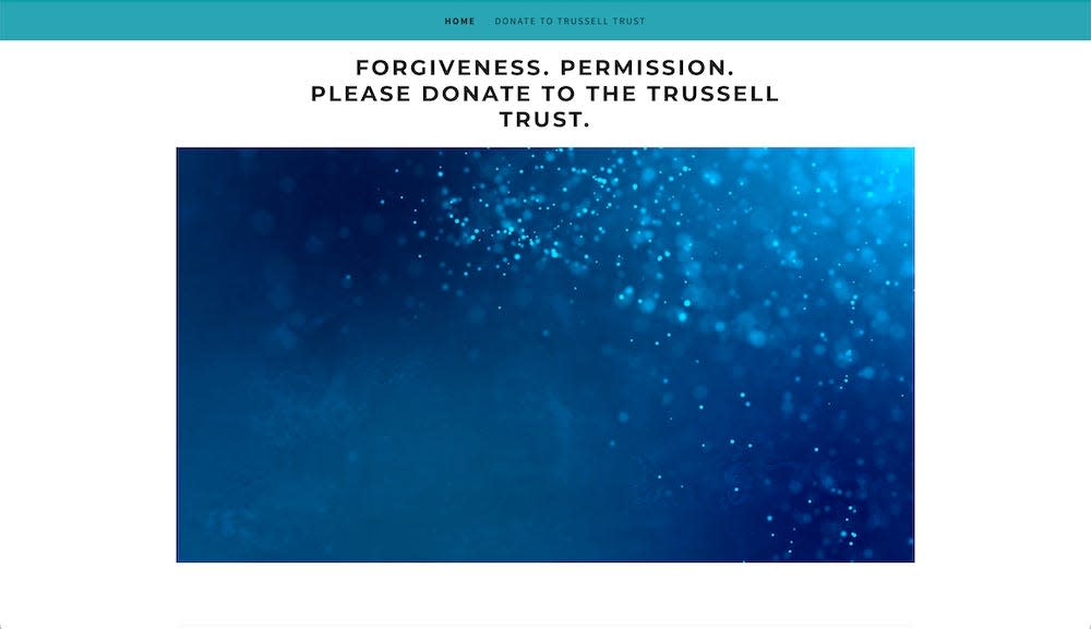 A screenshot from the homepage of americanrivieraorchard.uk on April 19, 2024. It shows an animated abstract blue oblong and the statement: "Forgiveness. Permission. Please donate to the Trussell Trust."
