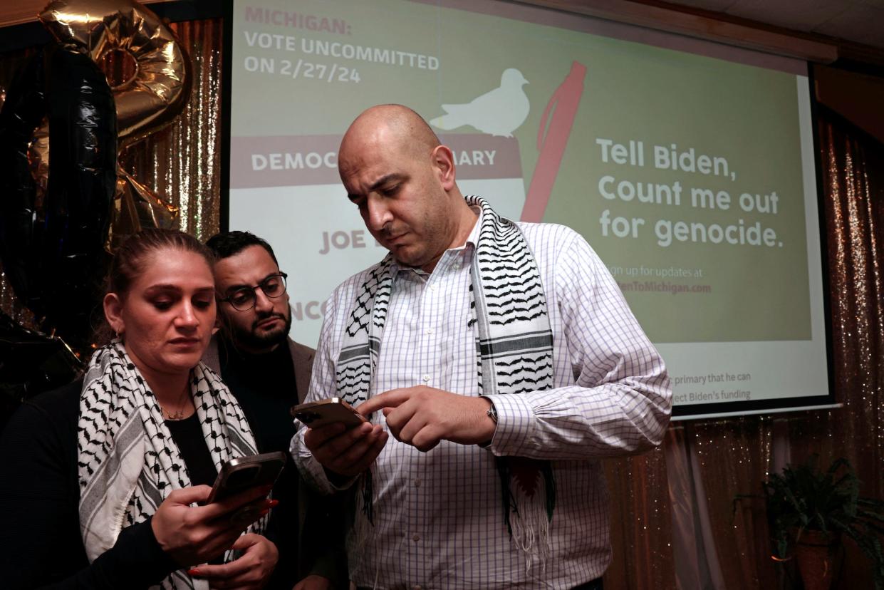 Organizers with the Listen to Michigan campaign following election results during a watch party in Dearborn, Michigan on February 27, 2024.