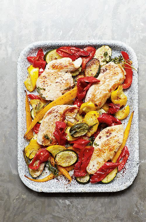 Cook up this delicious <a rel="nofollow" href="https://au.lifestyle.yahoo.com/food/recipes/recipe/-/30933575/turkey-and-red-pepper-tray-bake-recipe-james-duigan-clean-and-lean/" data-ylk="slk:turkey and red pepper tray bake;elm:context_link;itc:0;sec:content-canvas" class="link ">turkey and red pepper tray bake</a> once and it will become a household staple. Turkey is super lean but sometimes can be bland, so the peppers, herbs and spices give it the flavour boost it needs.