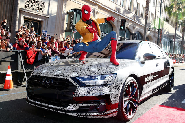 Wednesday night the new Audi A8 could be seen in Los Angeles alongside many Hollywood stars at the world premiere of â€˜Spider-Man: Homecoming.â€™ Tom Holland, who stars as Peter Parker / Spider-Man, was chauffeured down the red carpet at the TCL Chinese Theatre. Meanwhile, Robert Downey Jr. and Jon Favreau arrived together in a black Audi R8 Spyder.