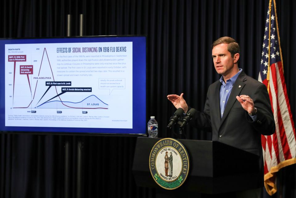 With a graphic detailing the effects of social distancing on deaths from the 1918 flu pandemic, Kentucky Gov. Andy Beshear updates the commonwealth during a press conference late Tuesday afternoon.