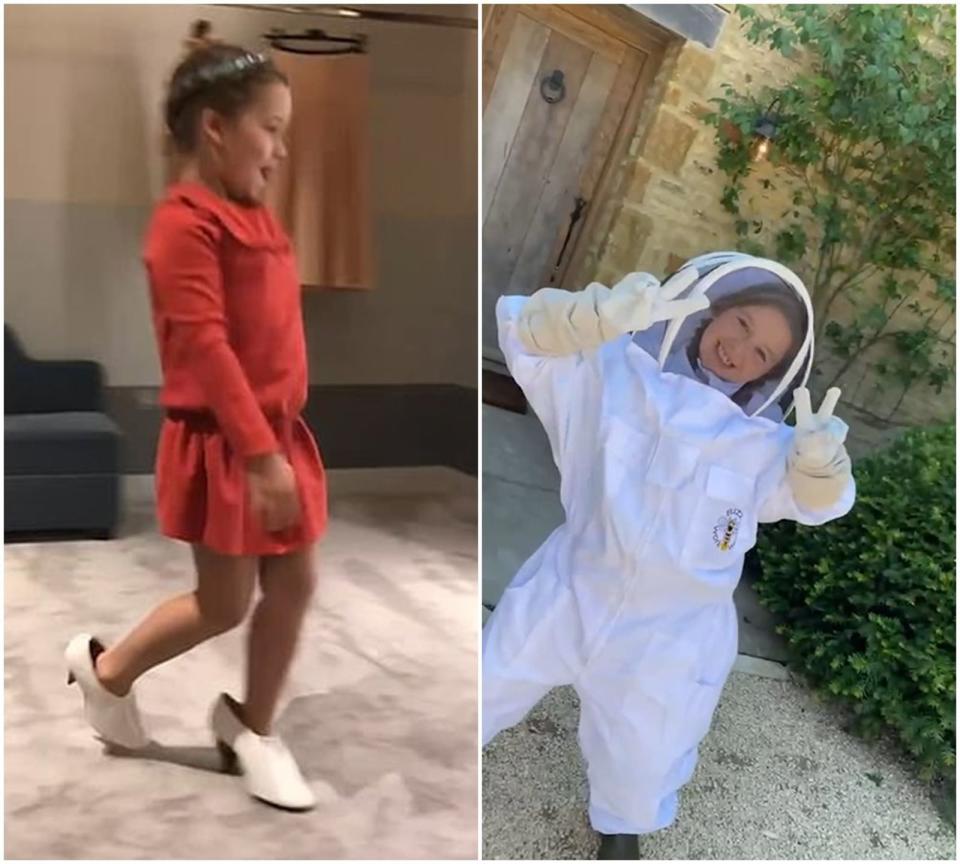 哈珀學媽媽穿高跟鞋走秀，還穿養蜂人的制服跳舞。（翻攝Victoria Beckham IG）