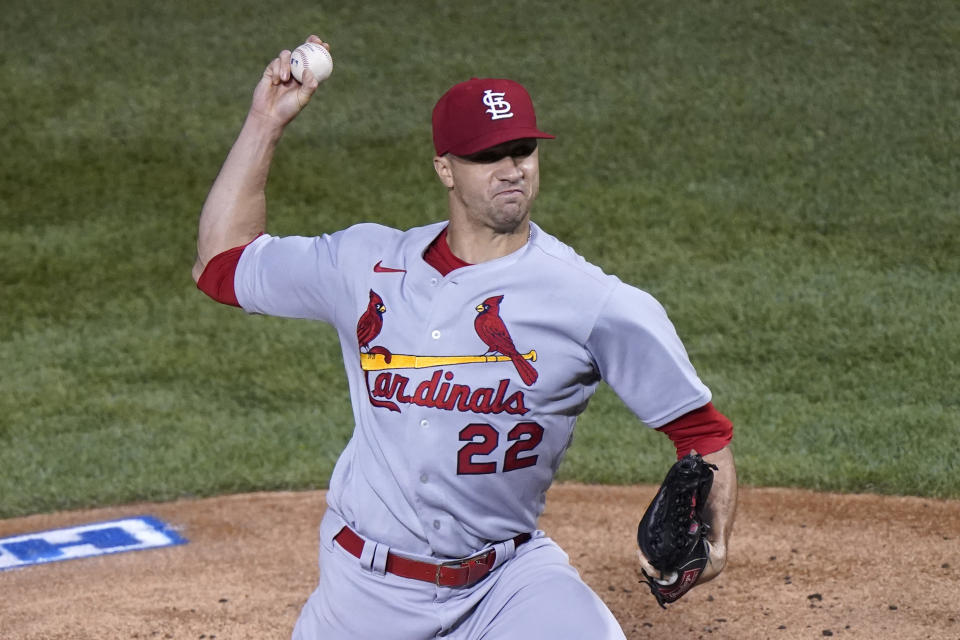 St. Louis Cardinals starting pitcher Jack Flaherty throws against the Chicago Cubs during the first inning of a baseball game in Chicago, Friday, Sept. 4, 2020. (AP Photo/Nam Y. Huh)