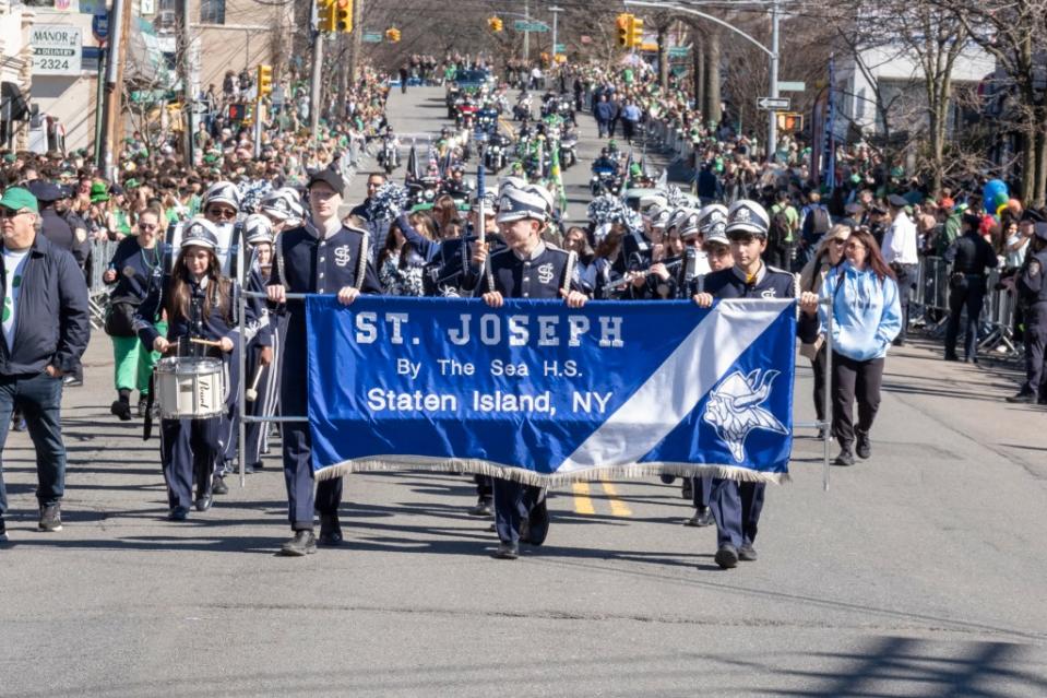 The St. Joseph by the Sea High School marching band were among the marchers in Sunday’s well-attended Staten Island St. Patrick’s Day Parade. LP Media