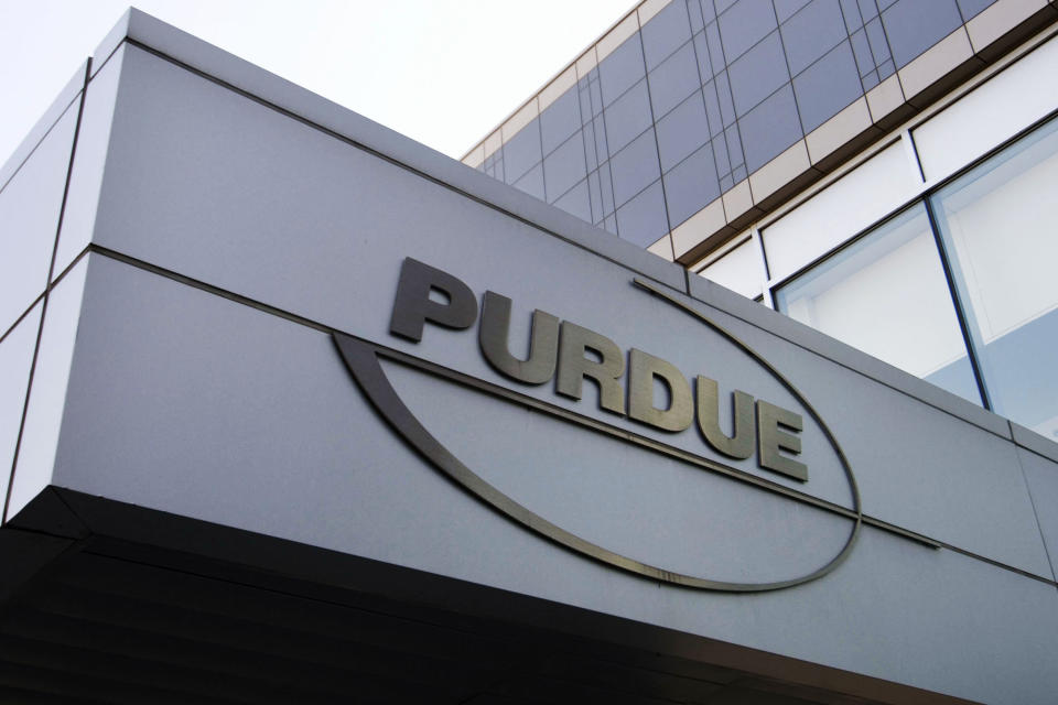 FILE - This Tuesday, May 8, 2007, file photo shows the Purdue Pharma logo at its offices in Stamford, Conn. OxyContin maker Purdue Pharma, the family that owns it and lawyers for thousands of parties with claims against it are getting ready to work on a new settlement after the U.S. Supreme Court rejected the last one. (AP Photo/Douglas Healey, File)