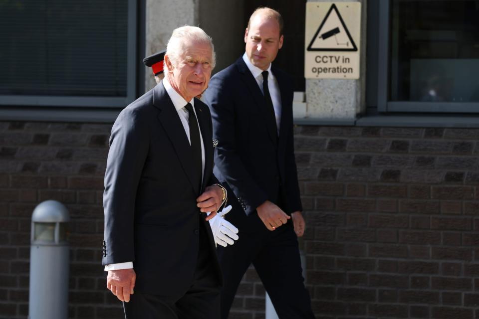 LONDON, ENGLAND - SEPTEMBER 17: King Charles III and Prince William, Prince of Wales arrive to meet emergency service workers at Lambeth HQ on September 17, 2022 in London, England. His Majesty The King thanks Emergency Service workers for their work and support ahead of the funeral of Queen Elizabeth II. The Queen died at Balmoral Castle in Scotland on September 8, 2022, and is succeeded by her eldest son, King Charles III. (Photo by Hollie Adams/Getty Images)