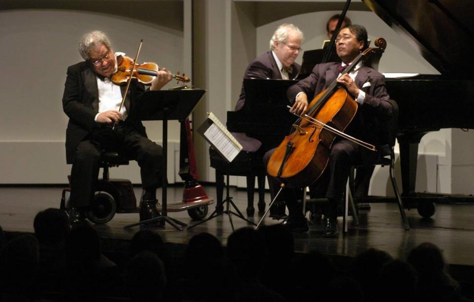 Itzhak Perlman, violinist, left, Emanuel Ax, pianist, middle, and Yo-Yo Ma, cellist, right, perform March 30, 2009, at Eisenhower Auditorium on the Penn State campus