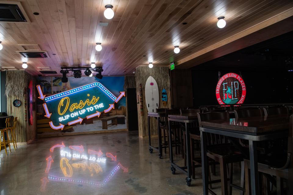 Neon signs leads to the rooftop with more memorabilia, easter eggs of Garth Brooks’s interest at the Friends in Low Places Bar & Honky-Tonk on broadway street in Nashville, Tenn., Thursday, March 7, 2024.