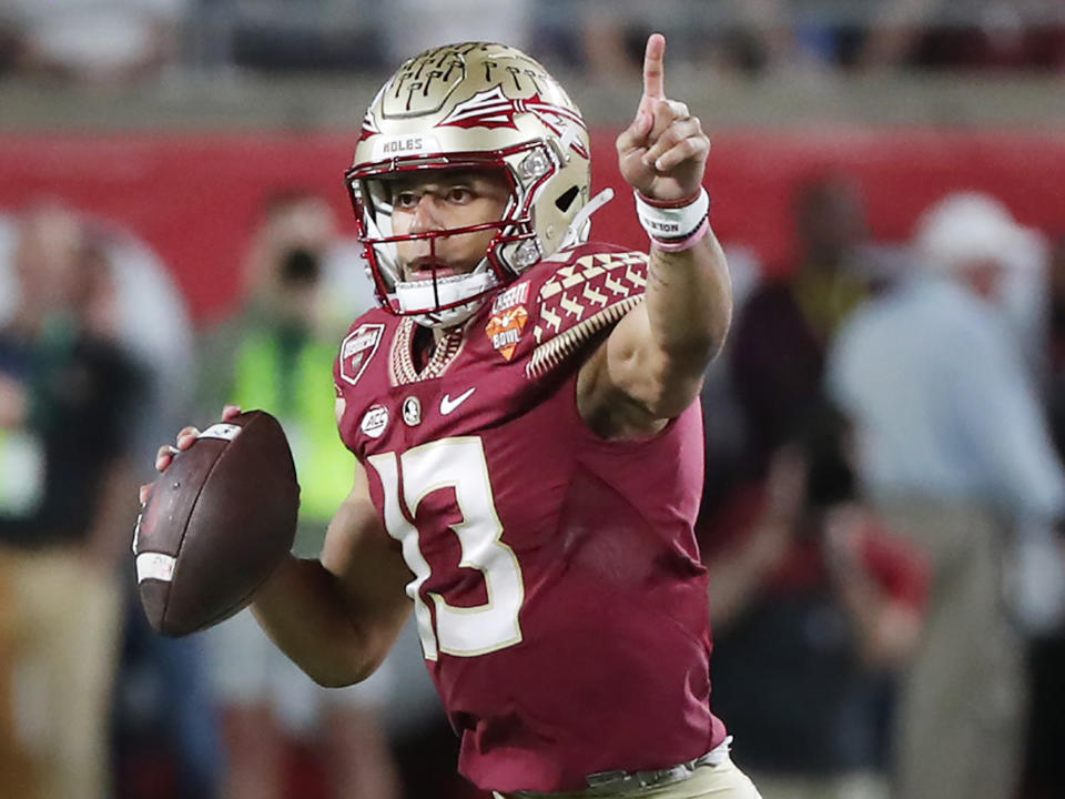 Florida State quarterback Jordan Travis looks to throw during the Cheez-It Bowl against Oklahoma at Camping World Stadium on Dec. 29, 2022, in Orlando, Florida. (Stephen M. Dowell/Orlando Sentinel/Tribune News Service via Getty Images)