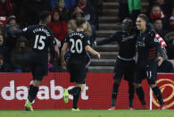 <p>Britain Football Soccer – Sunderland v Liverpool – Premier League – Stadium of Light – 2/1/17 Liverpool’s Sadio Mane celebrates scoring their second goal with team mates Reuters / Russell Cheyne Livepic EDITORIAL USE ONLY. No use with unauthorized audio, video, data, fixture lists, club/league logos or “live” services. Online in-match use limited to 45 images, no video emulation. No use in betting, games or single club/league/player publications. Please contact your account representative for further details. </p>