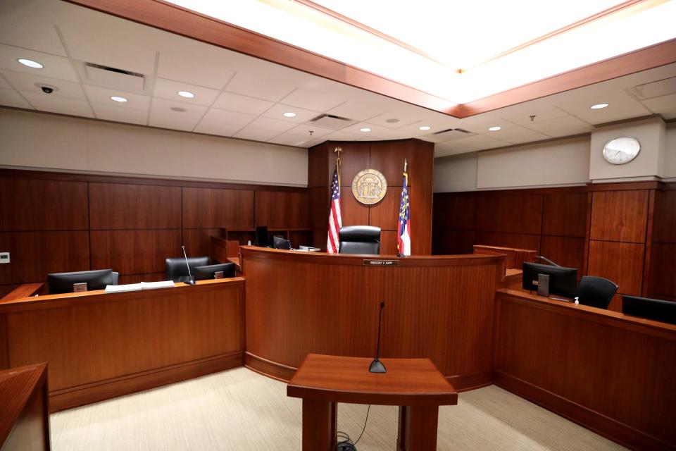 The Judge's Bench for State Court Judge Gregory Sapp inside the Chatham County Courthouse.