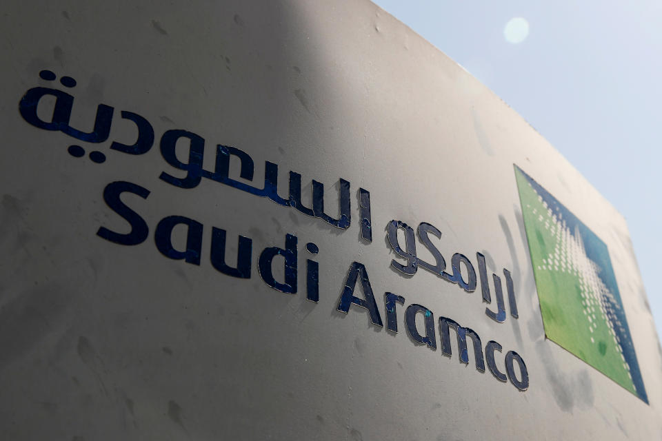 Saudi Aramco logo is pictured at the oil facility in Khurais, Saudi Arabia October 12, 2019. REUTERS/Maxim Shemetov