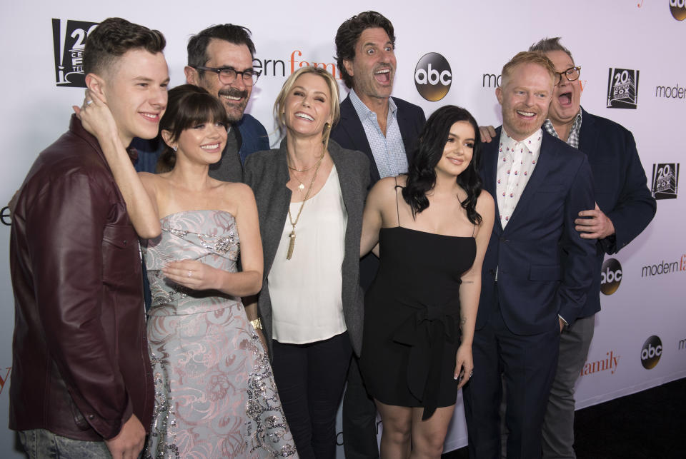 Pictured with executive producer Steven Levitan (center) are several cast members of "Modern Family" whose character could be the one heading to TV comedy heaven this season. (Photo: Todd Wawrychuk via Getty Images)