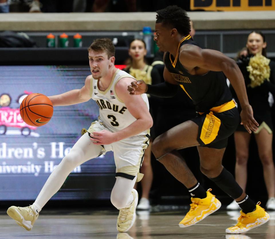 Milwaukee Panthers guard Markeith Browning II (1) defends Purdue Boilermakers guard Braden Smith (3) during NCAA men’s basketball game, Tuesday, Nov. 8, 2022, at Mackey Arena in West Lafayette, Ind. Purdue won 84-53.