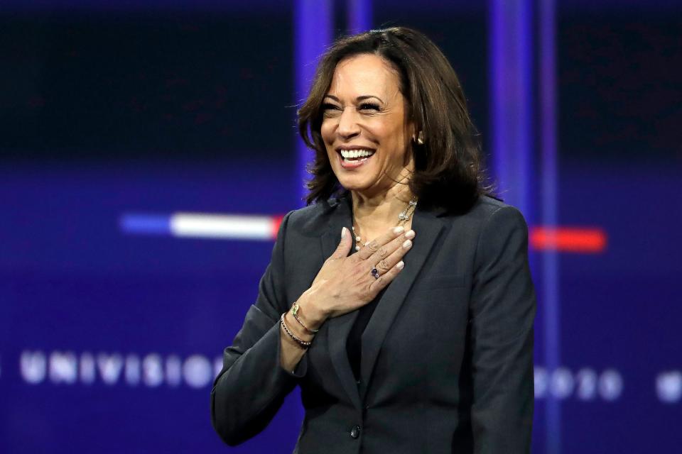 Sen.Â Kamala Harris, D-Calif., smiles during a presidential forum at the California Democratic Party's convention Saturday, Nov. 16, 2019, in Long Beach, Calif. (AP Photo/Chris Carlson)