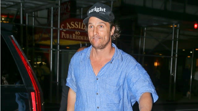 Move over, Leo! There's a new dad bod in town! Matthew McConaughey hit up Bistro Milano with wife Camila Alves in New York City on Wednesday sporting a noticeably fuller figure. <strong>WATCH: 6 Male Stars Who Lost a Shocking Amount of Weight</strong> Splash News The 45-year-old <em>Magic Mike</em> actor, whose name is pretty much synonymous with fun in the sun, wore super baggy clothing and even what appears to be a bit of a belly. However, in true McConaughey fashion, the father of three looked great and totally chill in a hat that reads "Alright." Splash News <strong>WATCH: 17 Most Incredible Lessons From Matthew McConaughey's Bonkers Commencement Speech </strong> It's unclear whether McConaughey's change in appearance is for a role, but it wouldn't be the first time. The Oscar winner nabbed his first gold for his portrayal of an HIV/AIDS victim in Dallas Buyers Club in 2013, a role McConaughey dropped 38 pounds to play. Focus Features Meanwhile, this past August, Alves celebrated her U.S. citizenship with McConaughey and the family! <strong>MORE: Matthew McConaughey Was at Emily Blunt's U.S. Citizenship Ceremony and John Krasinski's Reaction Was Perfect </strong> Watch the video below.