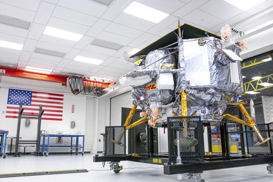 This photo provided by Astrobotic Technology shows the Peregrine lunar lander at the company's facility in Pittsburgh in October 2023. The expected launch date is Monday, Jan. 8, 2024. (Jordan K Reynolds/Astrobotic Technology via AP)