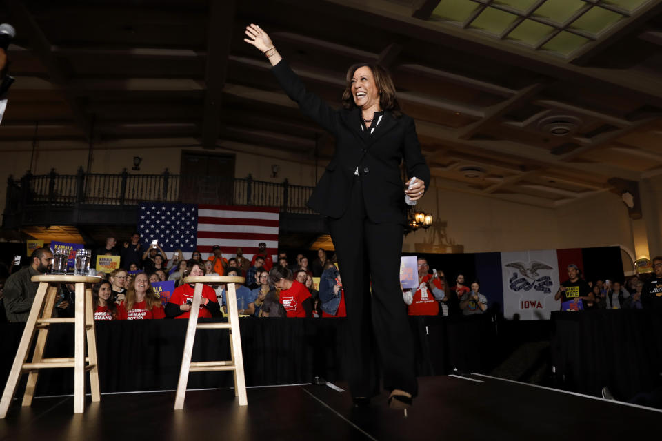 2020 Democratic presidential candidate Sen. Kamala Harris arrives at a town hall meeting at the University of Iowa, Wednesday, April 10, 2019, in Iowa City, Iowa. (AP Photo/Charlie Neibergall)