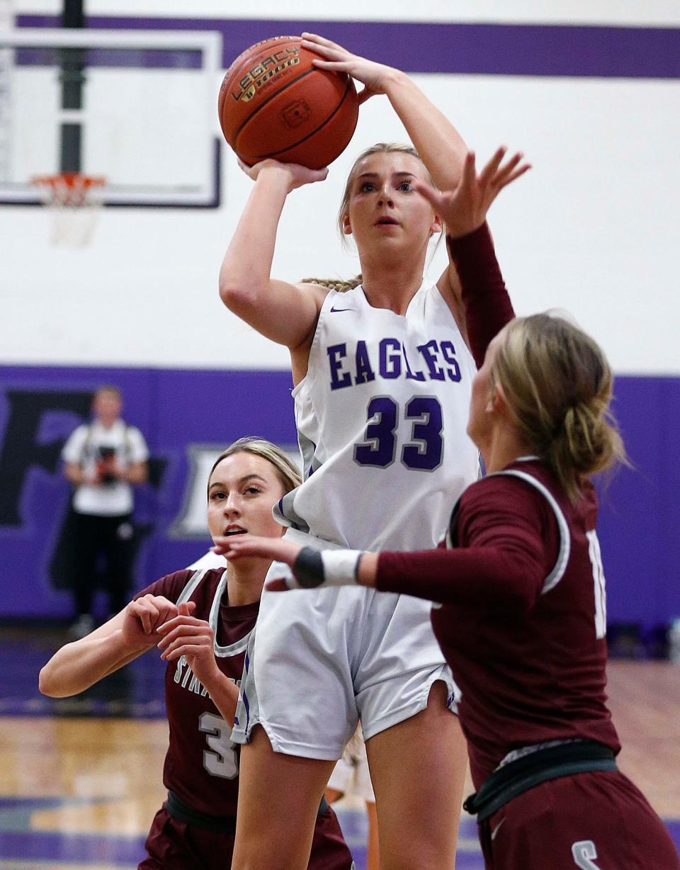 Fair Grove's Ashton Bell takes a shot agains visiting Strafford on February 15, 2024.