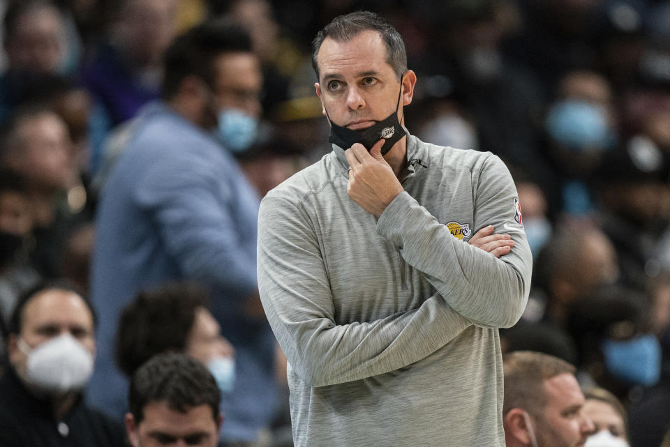 Los Angeles Lakers head coach Frank Vogel looks on during the first half of an NBA basketball game against the Charlotte Hornets in Charlotte, N.C., Friday, Jan. 28, 2022. (AP Photo/Jacob Kupferman)