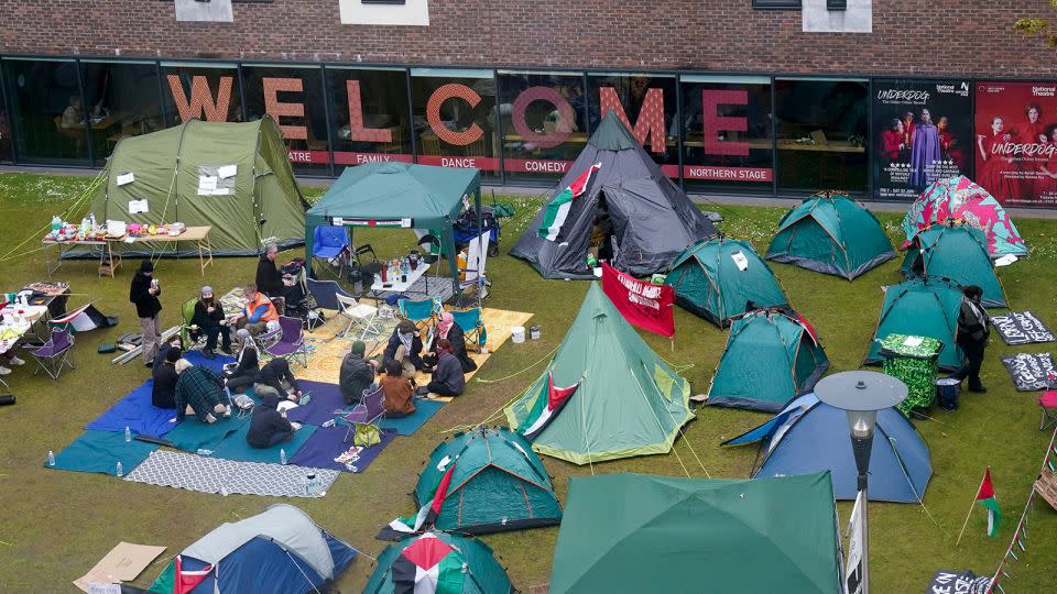 Tents are set up at an encampment on the grounds of Newcastle University in protest against the war in Gaza, in Newcastle, England, on May 2, 2024. - Owen Humphreys/AP