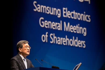 Kwon Oh-Hyun, co-chief executive officer of Samsung Electronics Co., speaks during the company's annual general meeting at the Seocho office building in Seoul, South Korea, on Friday, March 24, 2017. REUTERS/SeongJoon Cho/Pool