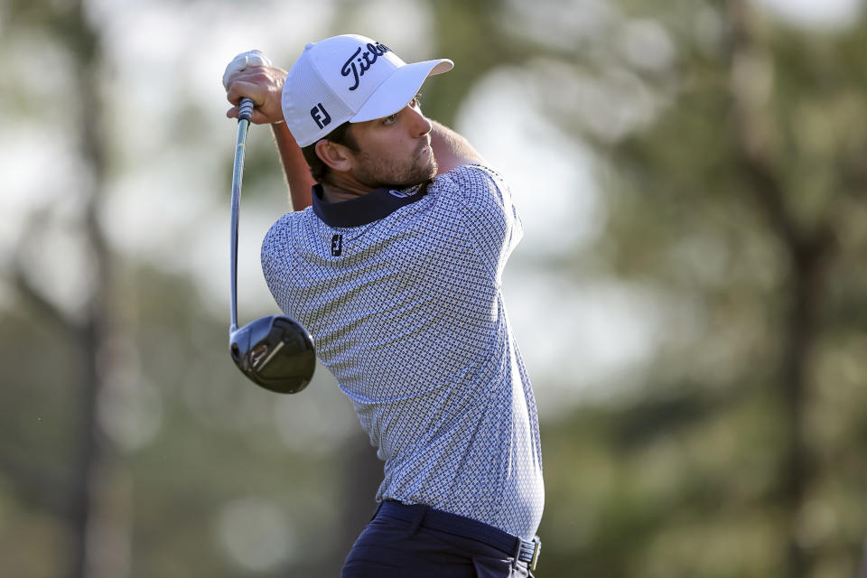 Davis Riley watches his tee shot on the sixth hole during the second round of the Valspar Championship golf tournament Friday, March 17, 2023, at Innisbrook in Palm Harbor, Fla. (AP Photo/Mike Carlson)