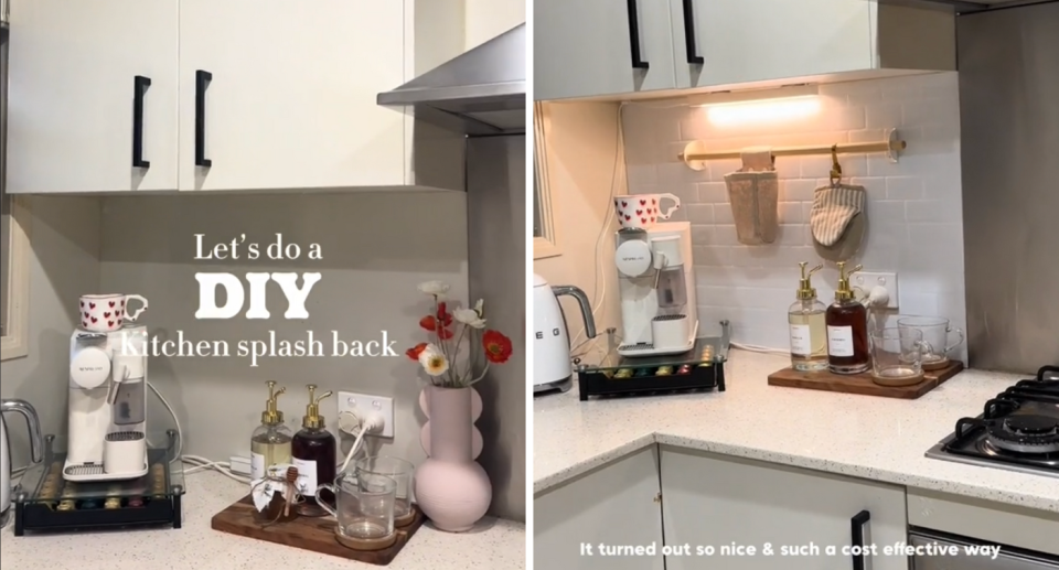 TikToker Lily Adams showed how she transformed her kitchen using Kmart self-adhesive tiles and IKEA downlights. Photo: TikTok/@.lilymayadams