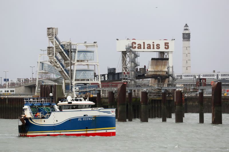FILE PHOTO: French fishermen block the port of Calais as they launch Brexit protests