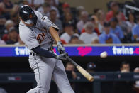 Detroit Tigers' Spencer Torkelson hits a solo home run against the Minnesota Twins during the ninth inning of a baseball game Tuesday, Aug. 15, 2023, in Minneapolis. The Twins won 5-3. (AP Photo/Bruce Kluckhohn)