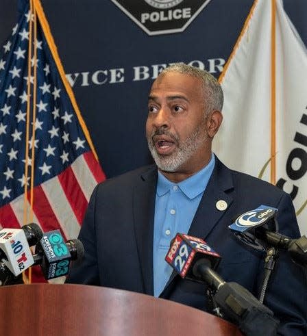 Camden City Mayor Victor Carstarphen speaks at a press conference Monday afternoon regarding an $8 million state grant to the Camden County Police Department. The press conference was at the police administration building. PHOTO: July 31, 2023.