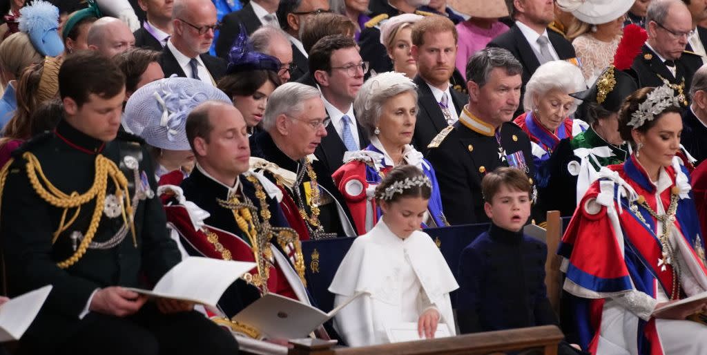 london, england may 06 front row l r prince william, prince of wales, princess charlotte, prince louis and catherine, princess of wales and prince harry, duke of sussex during the coronation ceremony of king charles iii and queen camilla in westminster abbey, on may 6, 2023 in london, england the coronation of charles iii and his wife, camilla, as king and queen of the united kingdom of great britain and northern ireland, and the other commonwealth realms takes place at westminster abbey today charles acceded to the throne on 8 september 2022, upon the death of his mother, elizabeth ii photo by victoria jones wpa poolgetty images