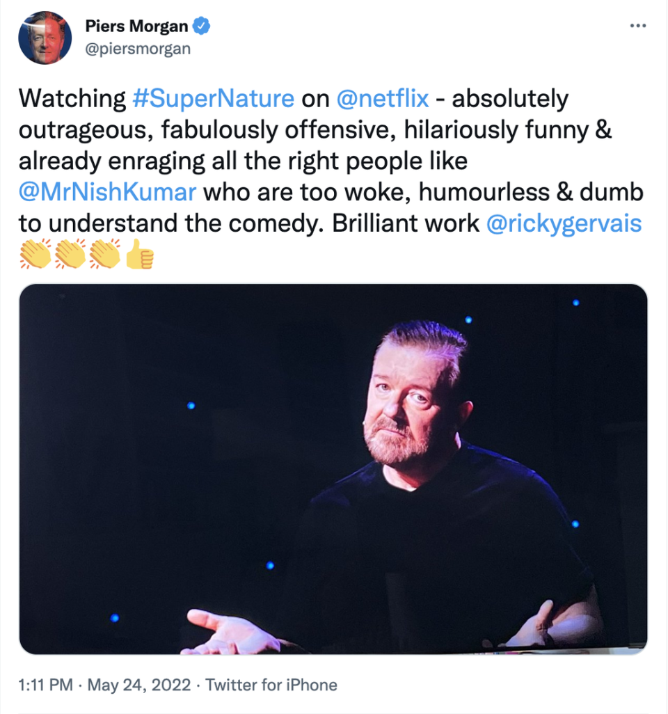 Piers Morgan congratulated Ricky Gervais on his new special (Piers Morgan/Twitter)