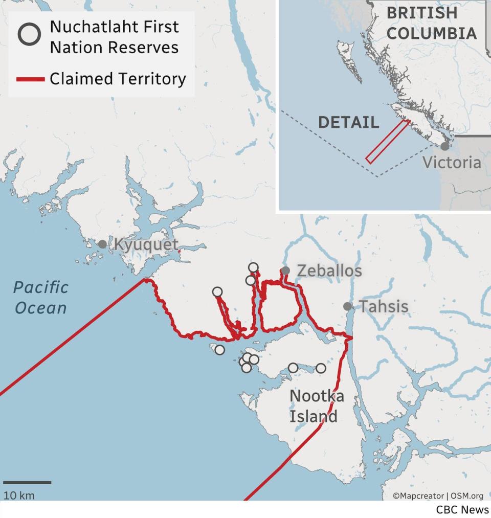 This map depicts the traditional lands claimed by the Nuchatlaht First Nation on the west coast of Vancouver Island as part of a lawsuit for Aboriginal title.