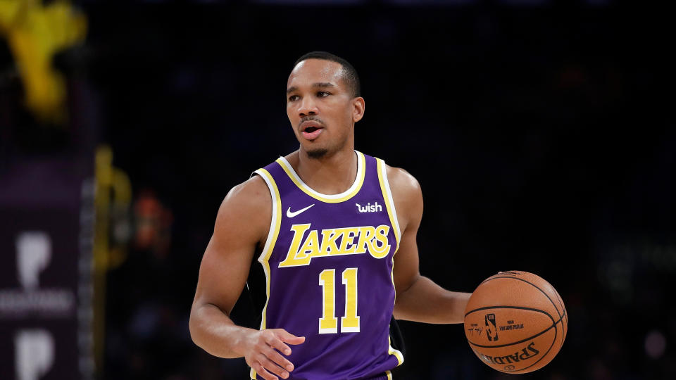 Los Angeles Lakers' Avery Bradley (11) during an NBA basketball game against the Miami Heat Friday, Nov. 8, 2019, in Los Angeles. (AP Photo/Marcio Jose Sanchez)