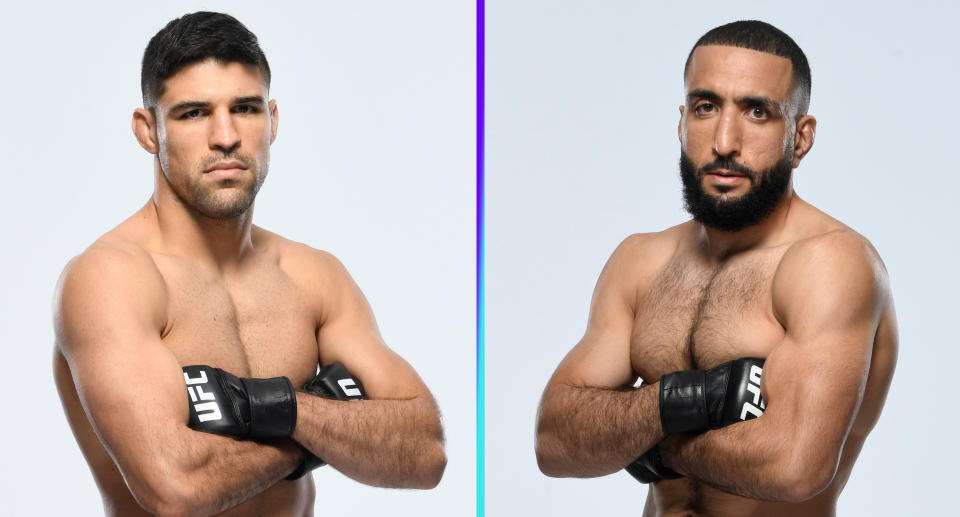 Vicente Luque and Belal Muhammad fight Saturday in the main event of UFC Vegas 51 at Apex in Las Vegas. Luque is a -200 favorite at BetMGM, with Muhammad at +165. (Photos via Getty Images)