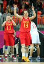 LONDON, ENGLAND - JULY 30: (R-L) Xiaoli Chen #13 and Zengyu Ma #11 of China celebrate after defeating Croatia in the Women's Preliminary Round match on Day 3 at Basketball Arena on July 30, 2012 in London, England. (Photo by Christian Petersen/Getty Images)