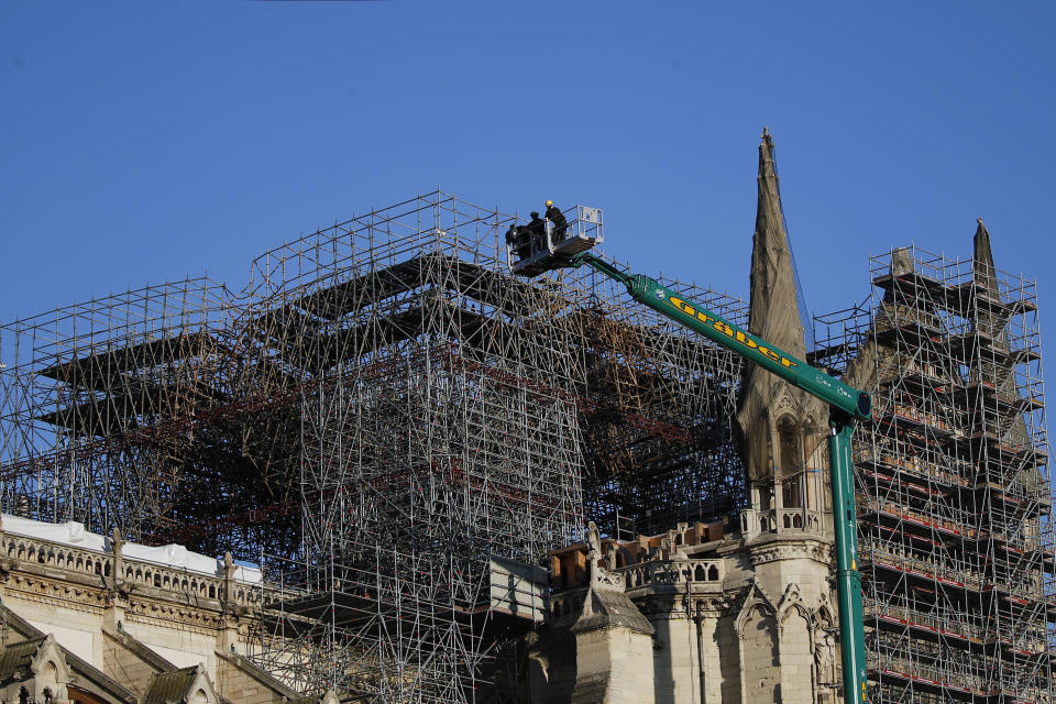 Notre Dame cathedral is pictured in Paris, Monday, Jan. 6, 2020. Gen. Jean-Louis Georgelin who is overseeing the reconstruction of the fire-devastated Notre Dame Cathedral told French broadcaster CNews on Sunday that "the cathedral is still in a state of peril" after last year's fire, which destroyed its roof and collapsed its spire as the cathedral was undergoing renovations. (AP Photo/Francois Mori)