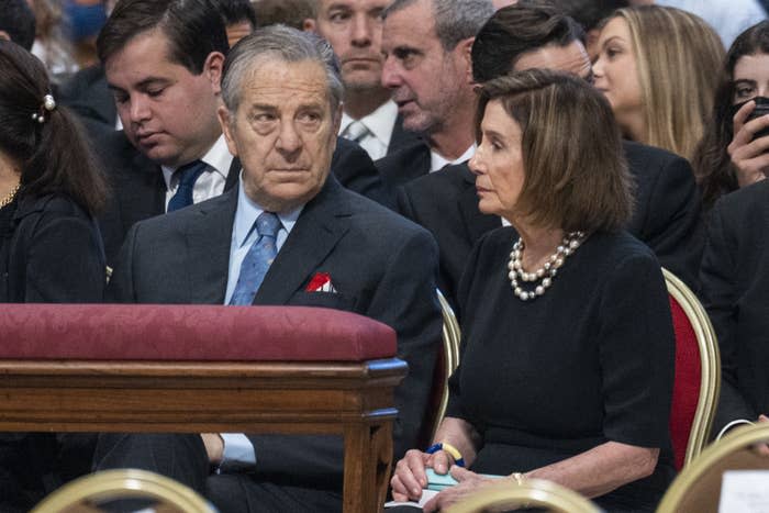 House Speaker Nancy Pelosi (right) and her husband, Paul Pelosi, attend a Holy Mass for the Solemnity of Saints Peter and Paul led by Pope Francis in St. Peter's Basilica.