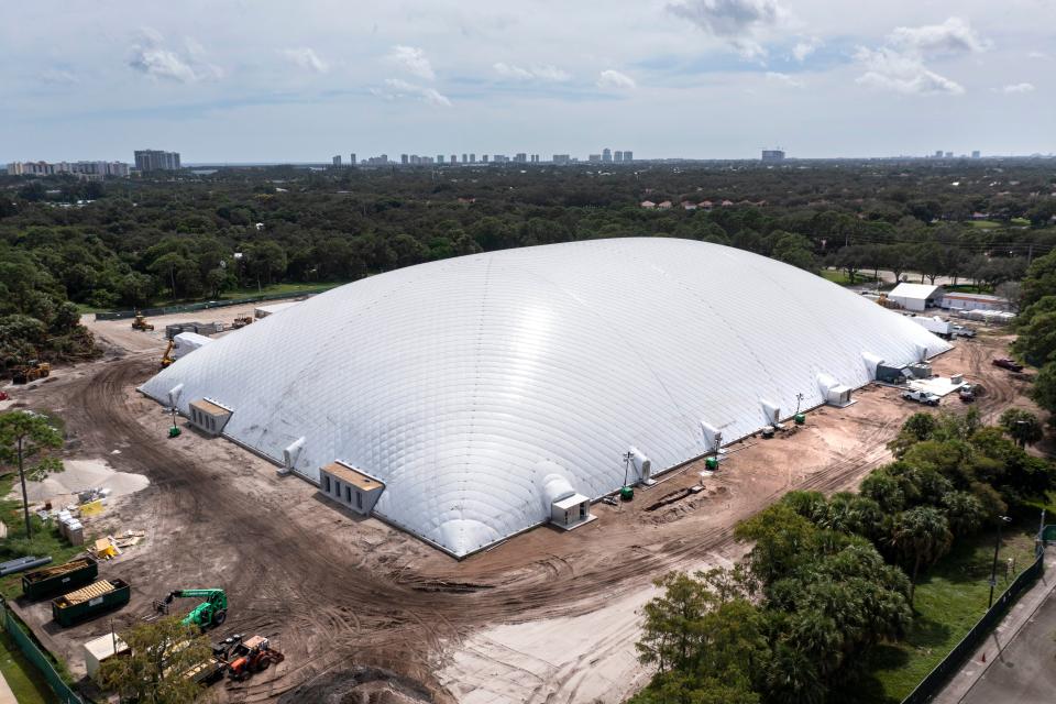 An air-supported dome is under construction for the Tiger Woods and Rory McIlroy Simulator Golf League, TGL, at Palm Beach State College's PGA Boulevard campus in Palm Beach Gardens, Florida on October 12, 2023.
