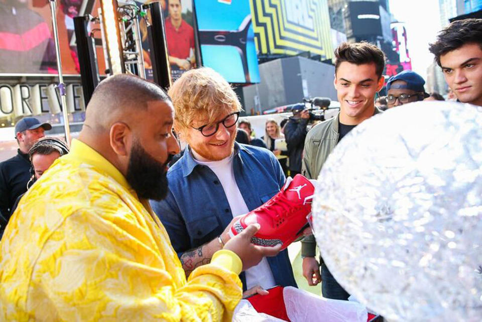 DJ Khaled, Ed Sheeran, Ethan Dalton and Grayson Dalton view Nike Air Jordan sneakers during the MTV TRL Kick-Off at Times Square on October 2, 2017 in New York City.&nbsp; (Photo: MTV/TRL via Getty Images)