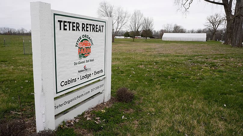 A sign welcomes guests to the Teter Organic Farm and Retreat Center, March 2024, in Noblesville, Indiana.