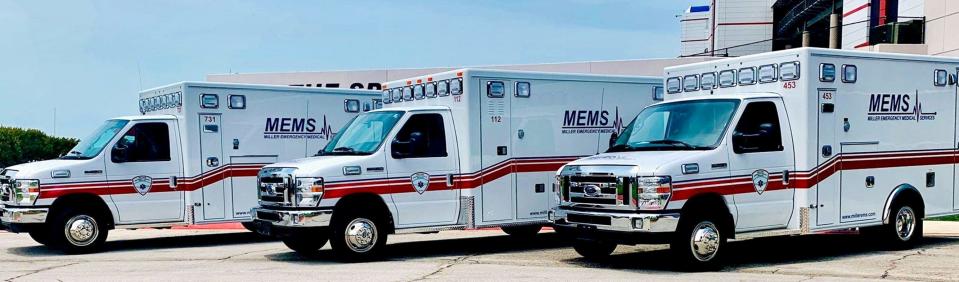 Ambulances owned and operated by Miller Emergency Medical Services. Provided by Miller Emergency Medical Services.