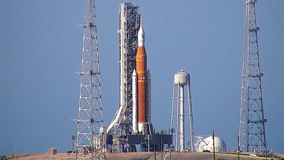 The Space Launch System moon rocket on pad 39B waiting another launch attempt Saturday at 2:17 p.m. EDT. / Credit: CBS News