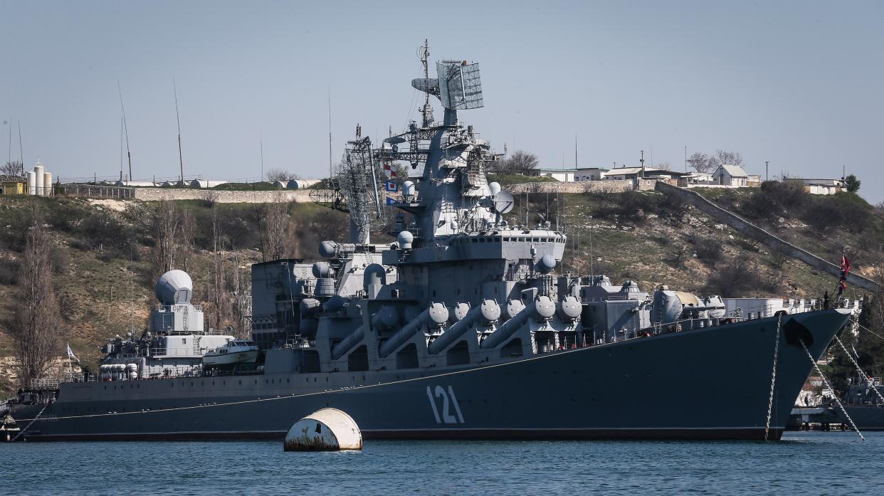 Russian Navy flagship missile cruiser ‘Moskva’ moored in the bay of the Crimean city of Sevastopol (EPA)