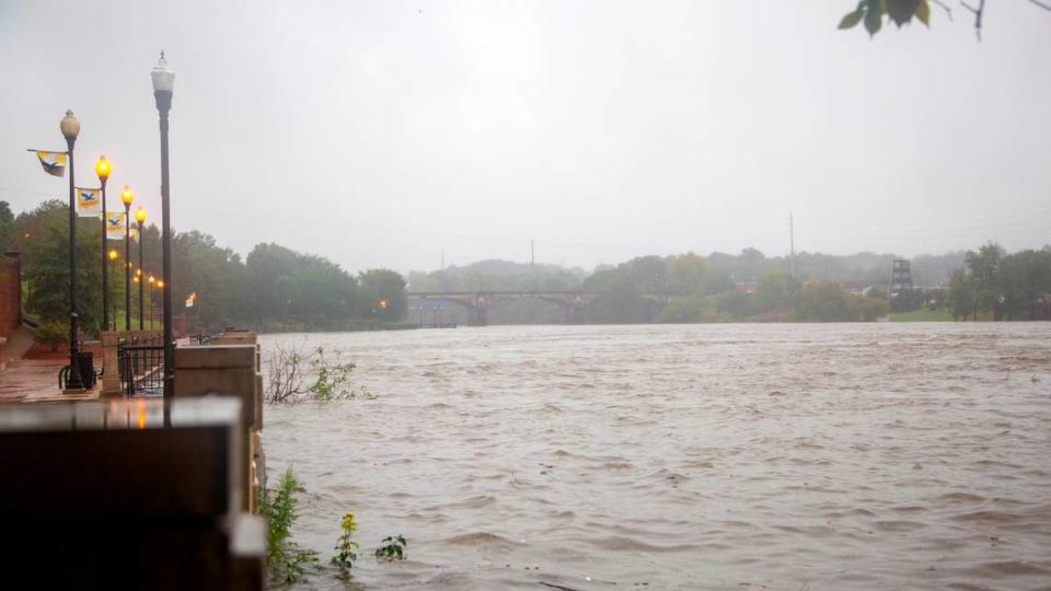 Designed to flood, the River Walk in Columbus has almost reached capacity on Sept 17, 2020, after Tropical Storm Sally passed through last night.