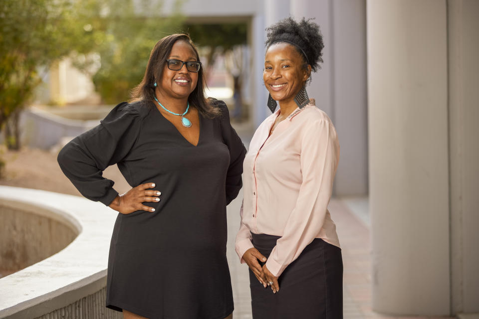 Sandra Jenkins, left, and Antoinette Mendez are president and treasurer, respectively, of the district’s Black Alliance, a coalition of Black educators who support one another and advocate for Black students. (Brandon Sullivan for The Hechinger Report)