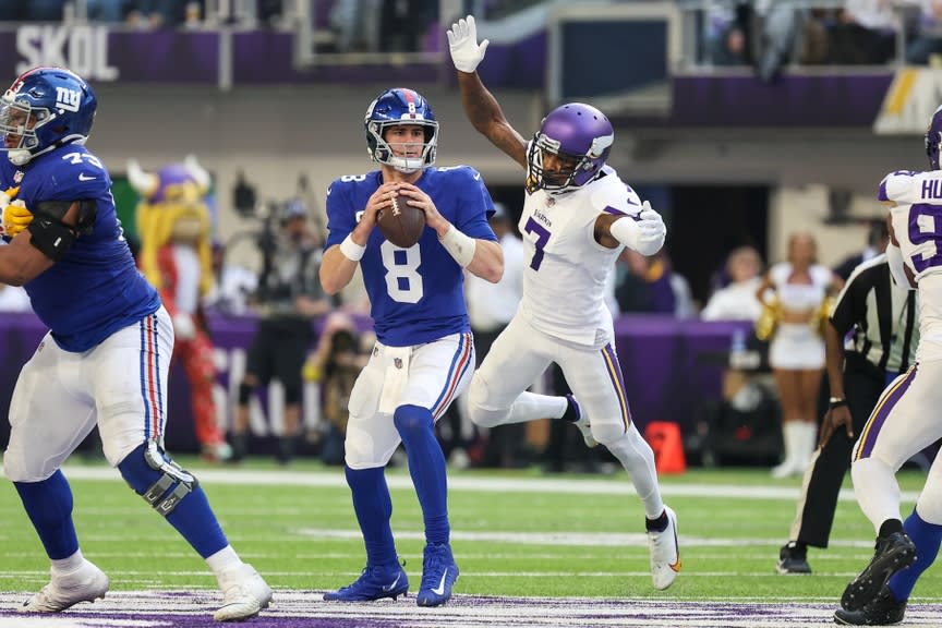 New York Giants quarterback Daniel Jones (8) is sacked by Minnesota Vikings cornerback Patrick Peterson (7) during the second quarter at U.S. Bank Stadium.